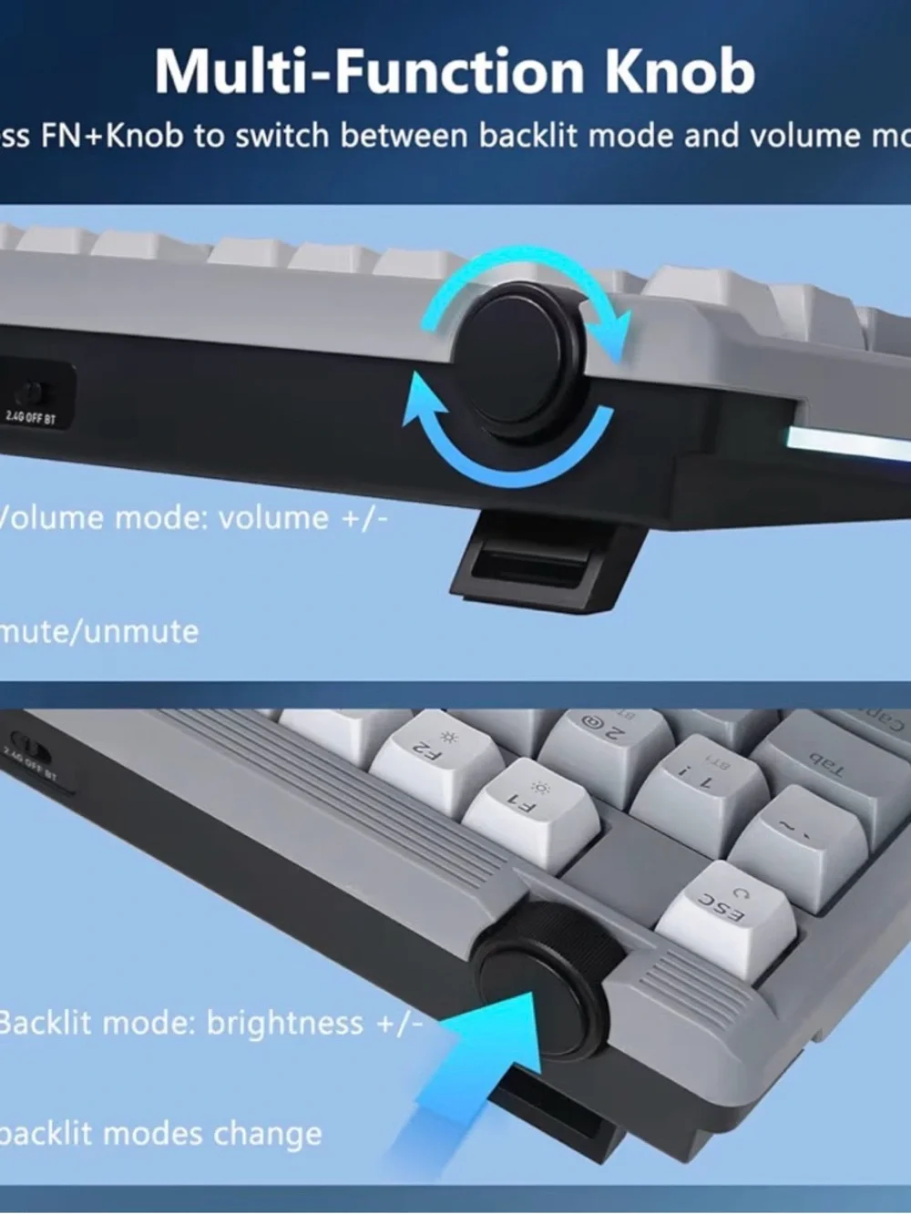 Redragon Wireless Mechanical Keyboard 75% RGB Hot Swap Knob PBT Gray